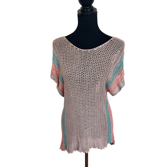 Womens Boho Open Knit Top Tan Striped Scalloped Hem Tunic Beach Cover Up Medium - Picture 1 of 6